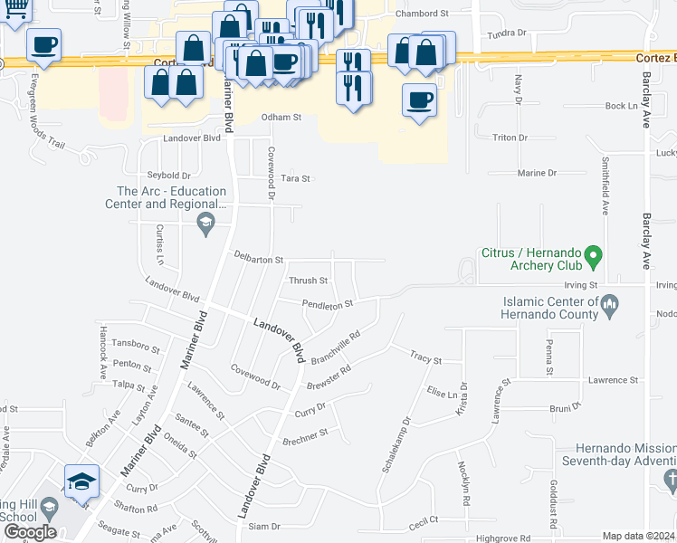 map of restaurants, bars, coffee shops, grocery stores, and more near 6372 Gainsboro Avenue in Spring Hill