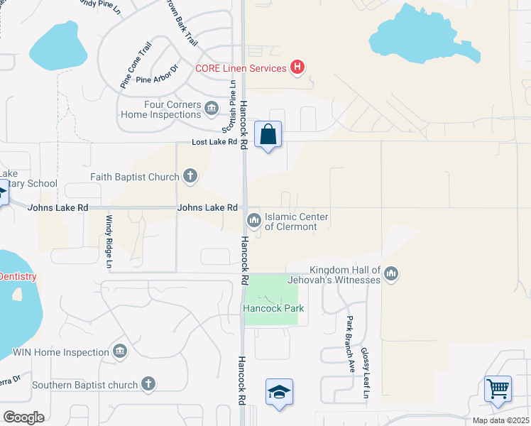 map of restaurants, bars, coffee shops, grocery stores, and more near 15040 Johns Lake Road in Clermont
