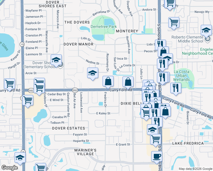 map of restaurants, bars, coffee shops, grocery stores, and more near 5317 Curry Ford Road in Orlando