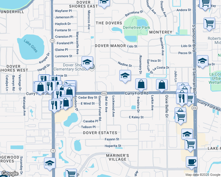 map of restaurants, bars, coffee shops, grocery stores, and more near 5101 Curry Ford Road in Orlando
