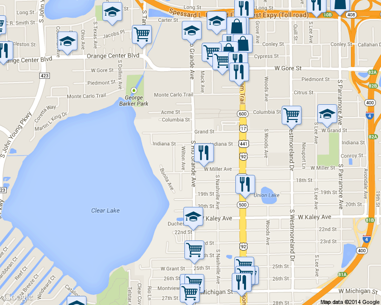 map of restaurants, bars, coffee shops, grocery stores, and more near 1401 Wilton Avenue in Orlando