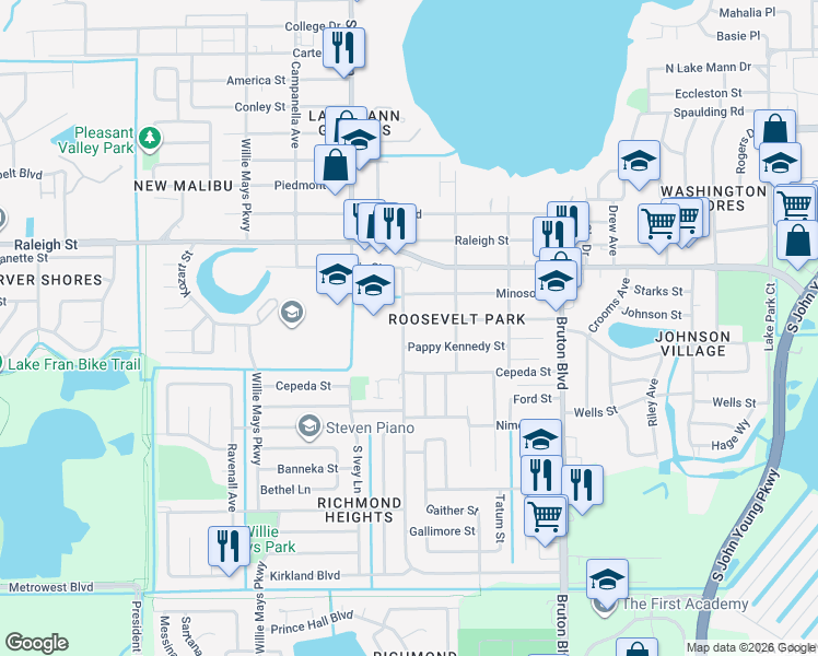 map of restaurants, bars, coffee shops, grocery stores, and more near 4293 Booker Street in Orlando
