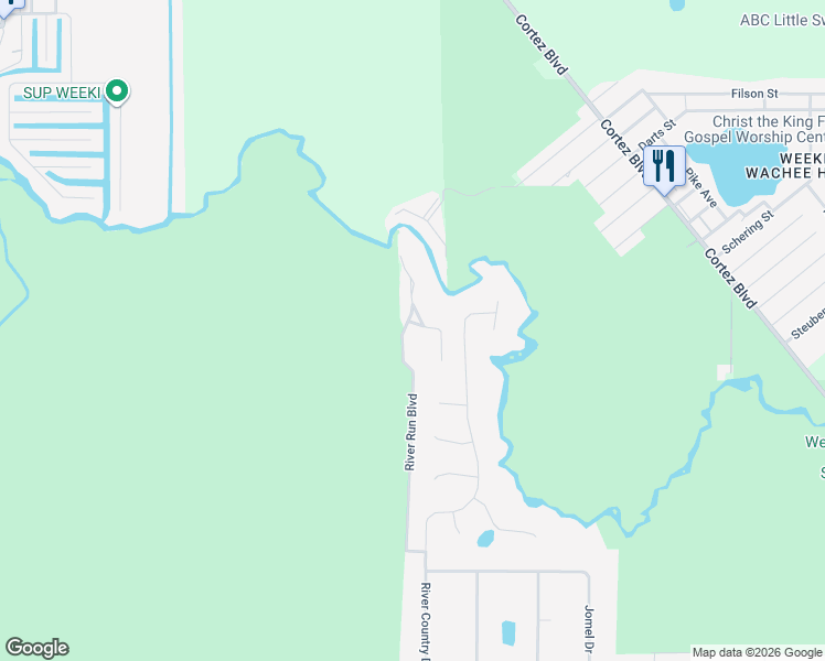map of restaurants, bars, coffee shops, grocery stores, and more near 6573 River Run Boulevard in Weeki Wachee
