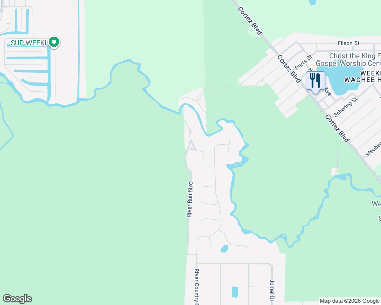 map of restaurants, bars, coffee shops, grocery stores, and more near 6573 River Run Boulevard in Weeki Wachee