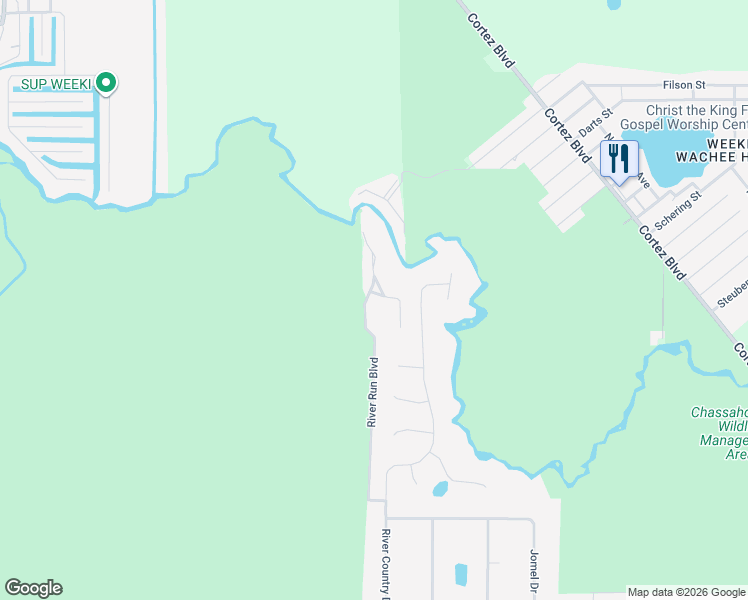 map of restaurants, bars, coffee shops, grocery stores, and more near 6502 River Run Boulevard in Weeki Wachee