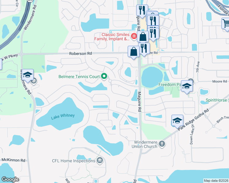 map of restaurants, bars, coffee shops, grocery stores, and more near 1324 Whitney Isles Drive in Windermere