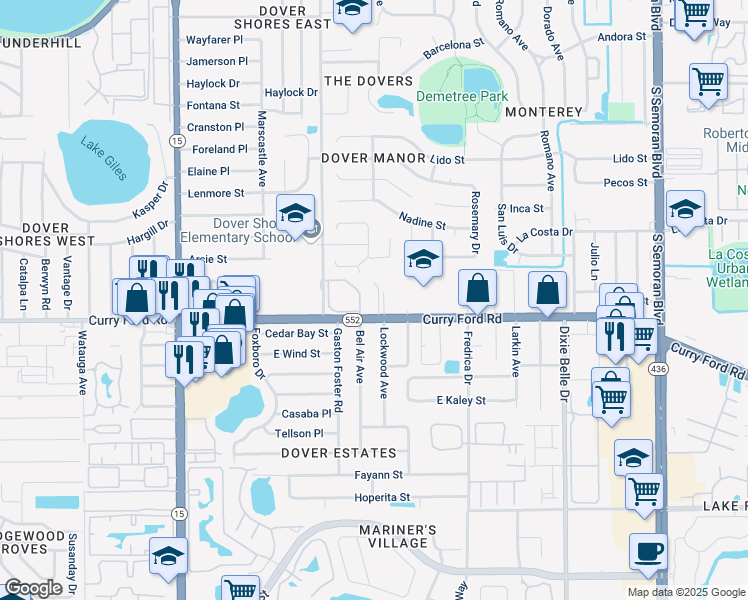 map of restaurants, bars, coffee shops, grocery stores, and more near 5101 Curry Ford Road in Orlando