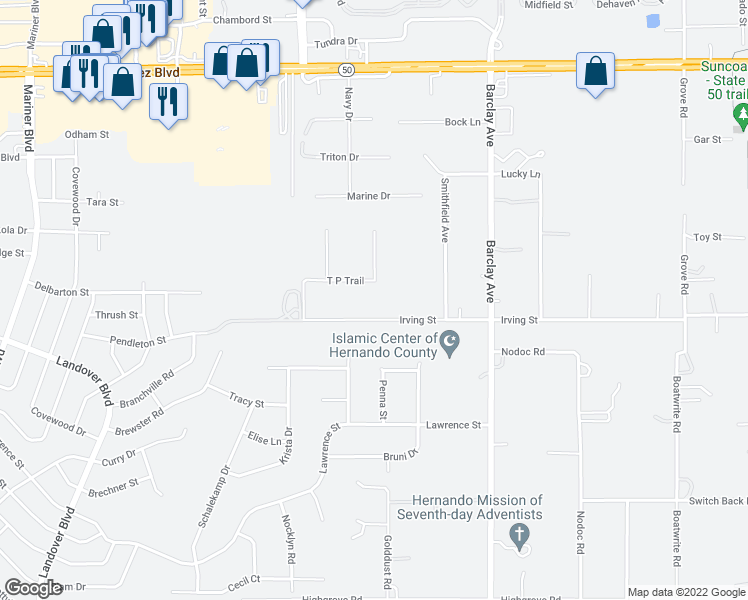map of restaurants, bars, coffee shops, grocery stores, and more near 14035 Irving Street in Spring Hill