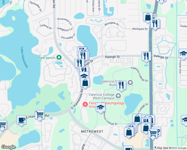 map of restaurants, bars, coffee shops, grocery stores, and more near 6372 Raleigh Street in Orlando