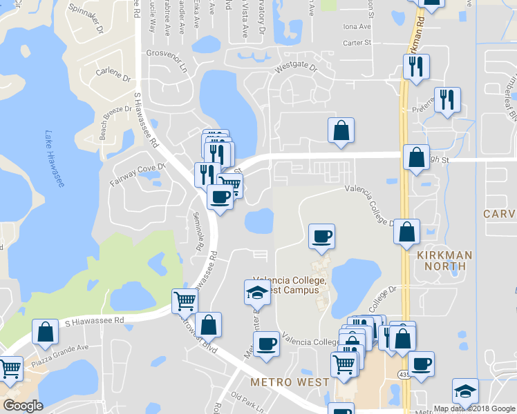 map of restaurants, bars, coffee shops, grocery stores, and more near 6388 Raleigh Street in Orlando
