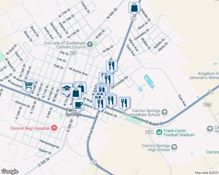 map of restaurants, bars, coffee shops, grocery stores, and more near 1303 North 1st Street in Carrizo Springs