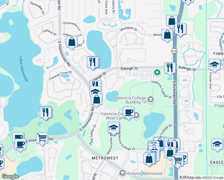 map of restaurants, bars, coffee shops, grocery stores, and more near 6388 Raleigh Street in Orlando