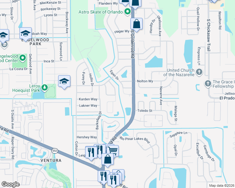 map of restaurants, bars, coffee shops, grocery stores, and more near 1829 Garwood Drive in Orlando
