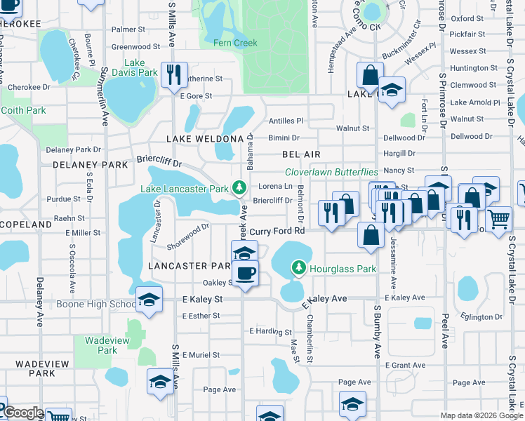 map of restaurants, bars, coffee shops, grocery stores, and more near 1700 Briercliff Drive in Orlando