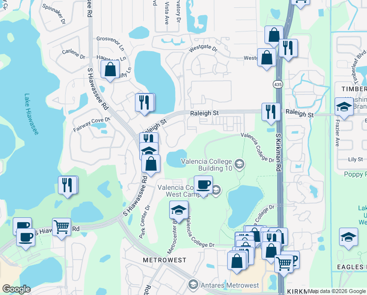 map of restaurants, bars, coffee shops, grocery stores, and more near 6388 Raleigh Street in Orlando