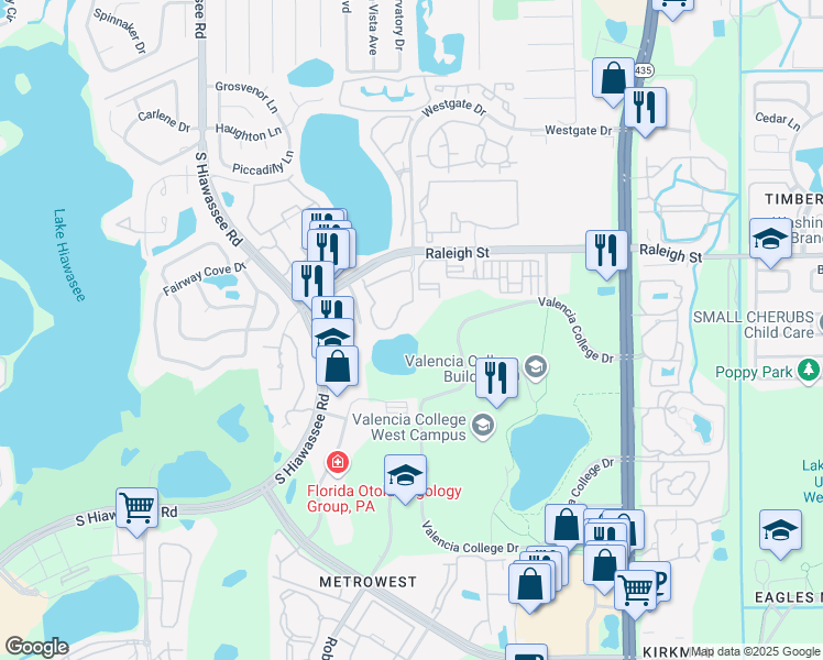 map of restaurants, bars, coffee shops, grocery stores, and more near 6392 Raleigh Street in Orlando