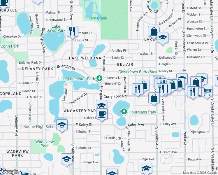 map of restaurants, bars, coffee shops, grocery stores, and more near 1700 Briercliff Drive in Orlando