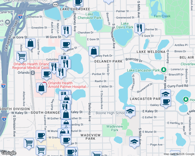 map of restaurants, bars, coffee shops, grocery stores, and more near 1406 South Osceola Avenue in Orlando