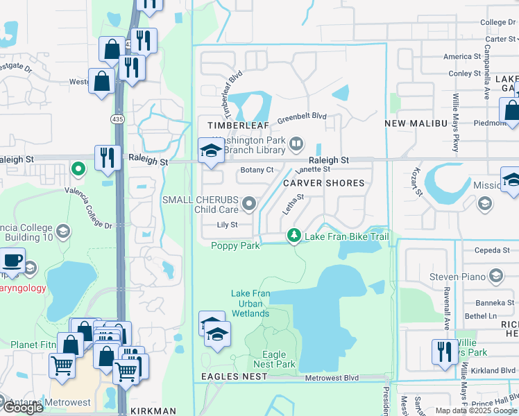 map of restaurants, bars, coffee shops, grocery stores, and more near 5255 Lanette Street in Orlando