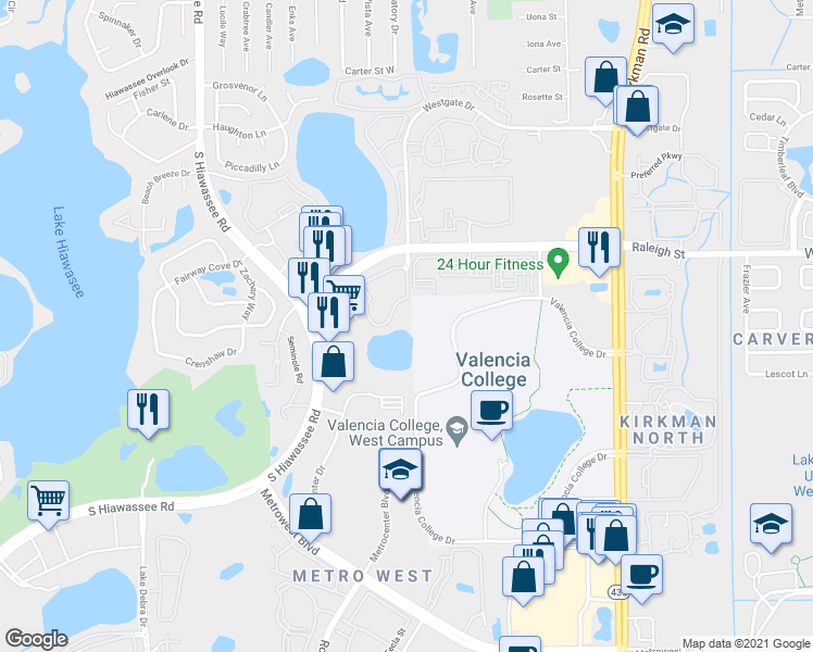 map of restaurants, bars, coffee shops, grocery stores, and more near 6388 Raleigh Street in Orlando
