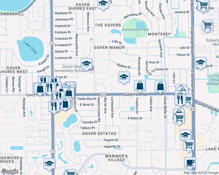 map of restaurants, bars, coffee shops, grocery stores, and more near 5101 Curry Ford Road in Orlando