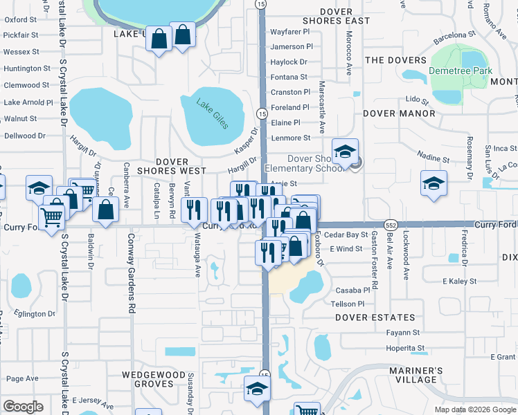 map of restaurants, bars, coffee shops, grocery stores, and more near 1400 South Conway Road in Orlando