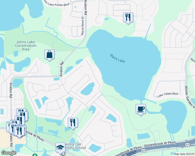 map of restaurants, bars, coffee shops, grocery stores, and more near 1923 Black Lake Boulevard in Winter Garden