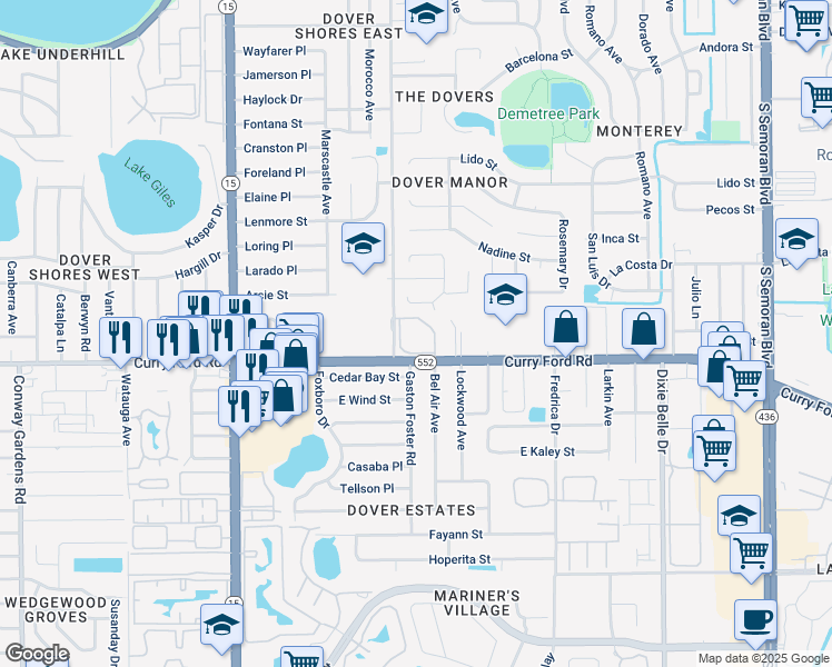 map of restaurants, bars, coffee shops, grocery stores, and more near 1448 Adriel Lane in Orlando