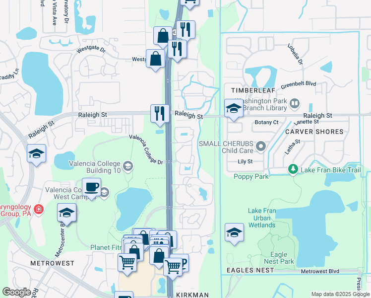map of restaurants, bars, coffee shops, grocery stores, and more near 1449 South Kirkman Road in Orlando