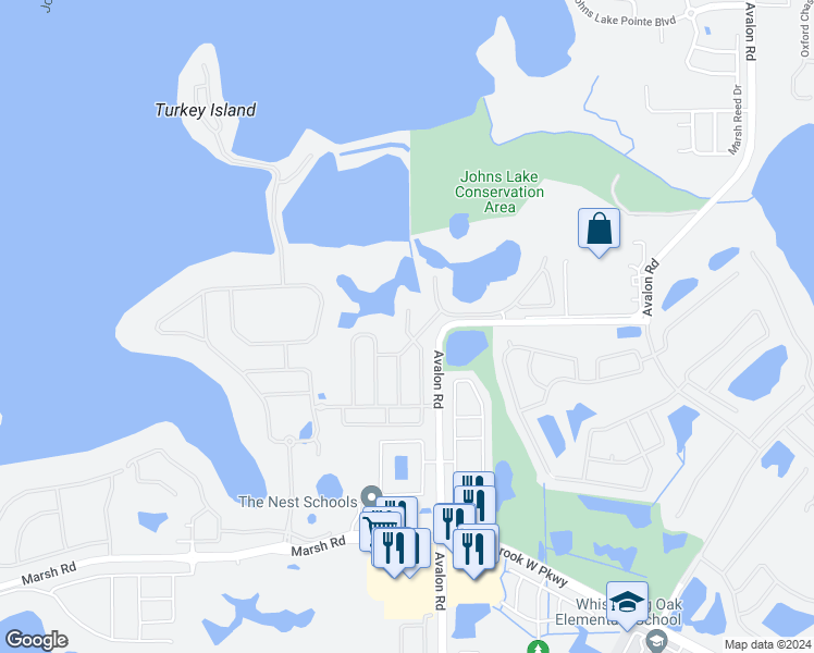 map of restaurants, bars, coffee shops, grocery stores, and more near Lake Burnett Shore Court in Winter Garden