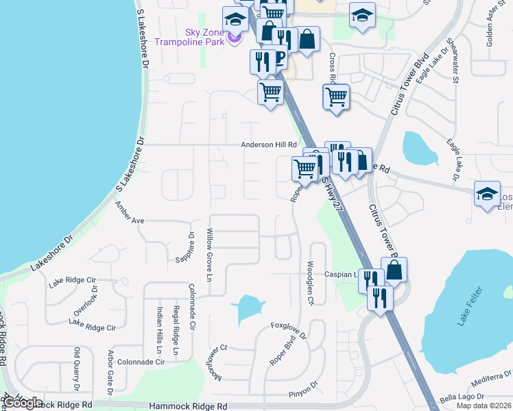 map of restaurants, bars, coffee shops, grocery stores, and more near 12231 Warren Road in Clermont