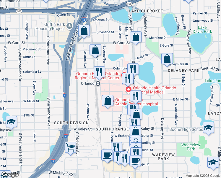 map of restaurants, bars, coffee shops, grocery stores, and more near 89 West Sturtevant Street in Orlando