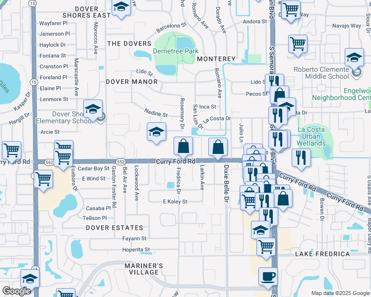 map of restaurants, bars, coffee shops, grocery stores, and more near 5317 Curry Ford Road in Orlando