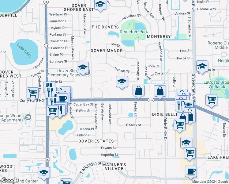 map of restaurants, bars, coffee shops, grocery stores, and more near 5201 Curry Ford Road in Orlando