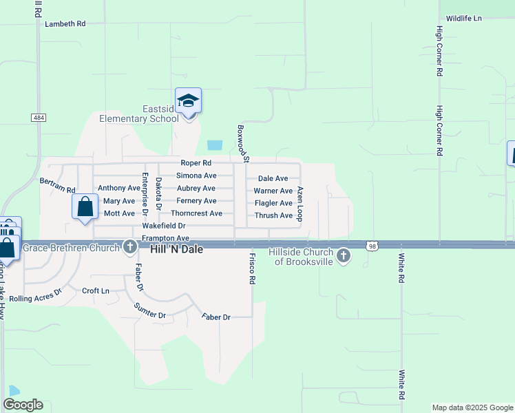 map of restaurants, bars, coffee shops, grocery stores, and more near 27278 Flagler Avenue in Brooksville