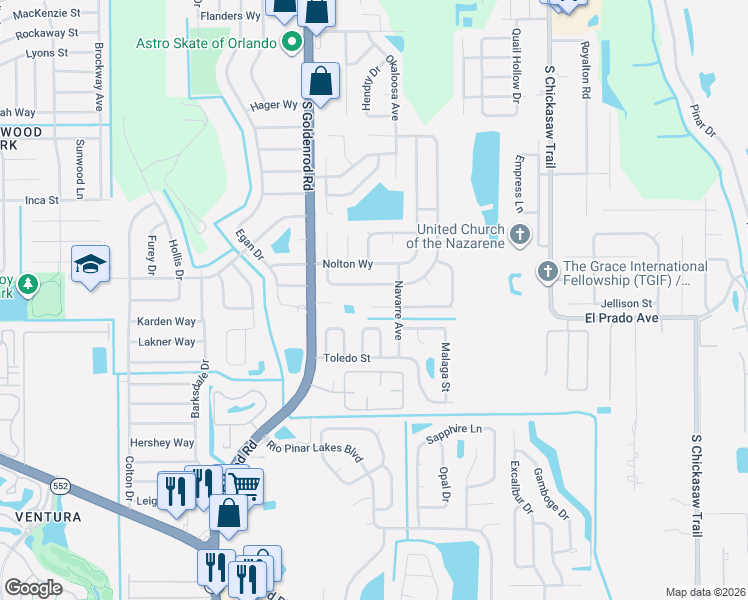 map of restaurants, bars, coffee shops, grocery stores, and more near 7616 Boreas Drive in Orlando
