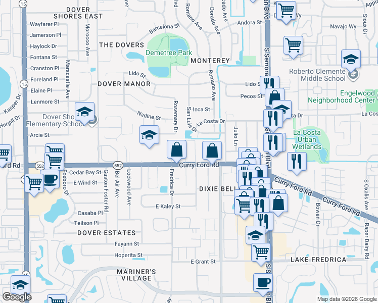 map of restaurants, bars, coffee shops, grocery stores, and more near 5401 Curry Ford Road in Orlando