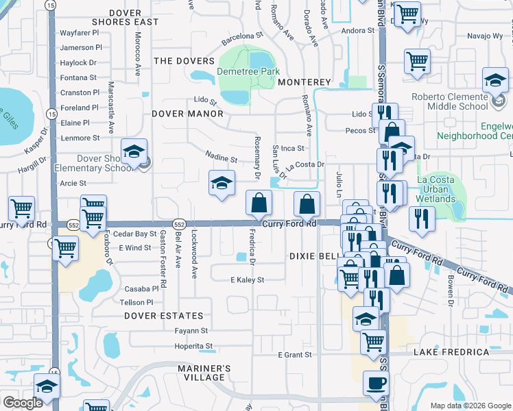 map of restaurants, bars, coffee shops, grocery stores, and more near 5317 Curry Ford Road in Orlando