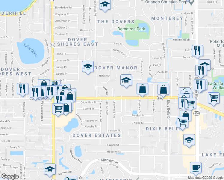 map of restaurants, bars, coffee shops, grocery stores, and more near 5101 Curry Ford Road in Orlando
