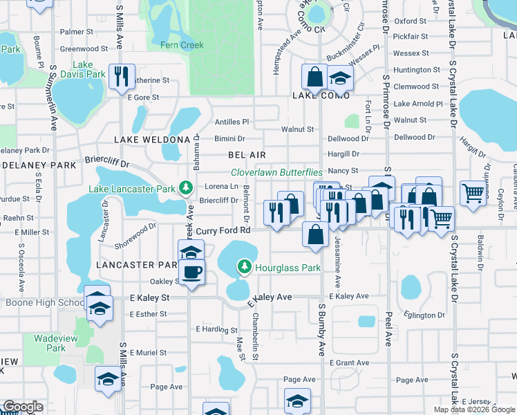 map of restaurants, bars, coffee shops, grocery stores, and more near 1401 Groveland Avenue in Orlando