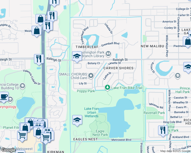 map of restaurants, bars, coffee shops, grocery stores, and more near 5255 Lanette Street in Orlando