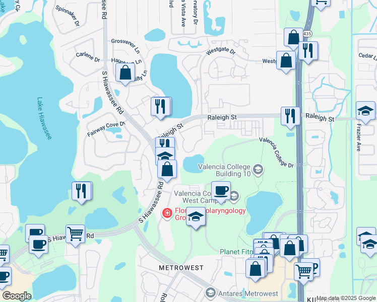map of restaurants, bars, coffee shops, grocery stores, and more near 6388 Raleigh Street in Orlando