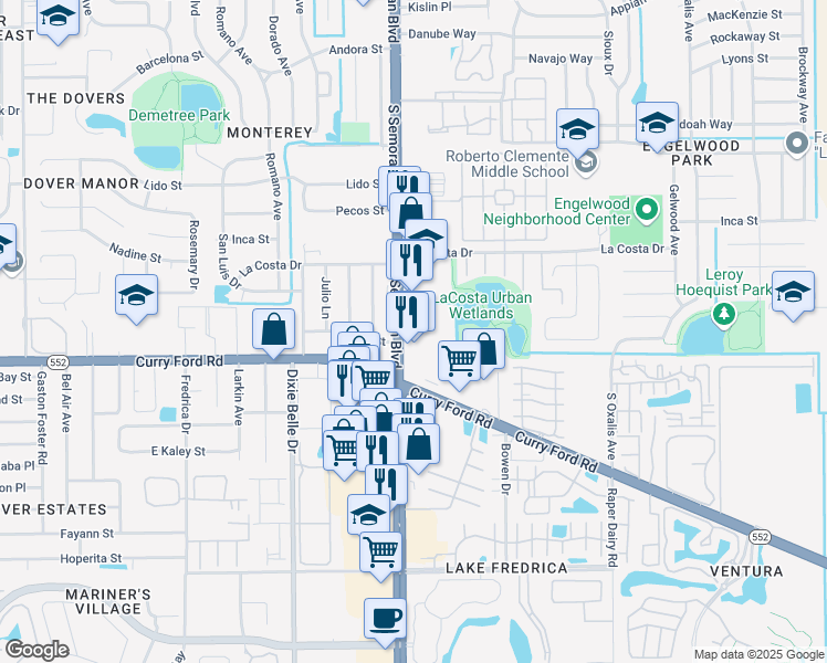 map of restaurants, bars, coffee shops, grocery stores, and more near in Orlando