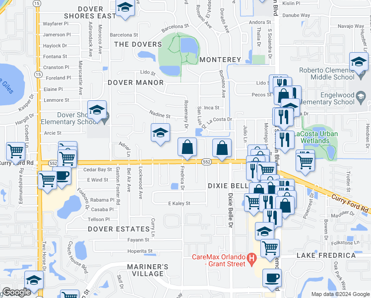 map of restaurants, bars, coffee shops, grocery stores, and more near 5317 Curry Ford Road in Orlando