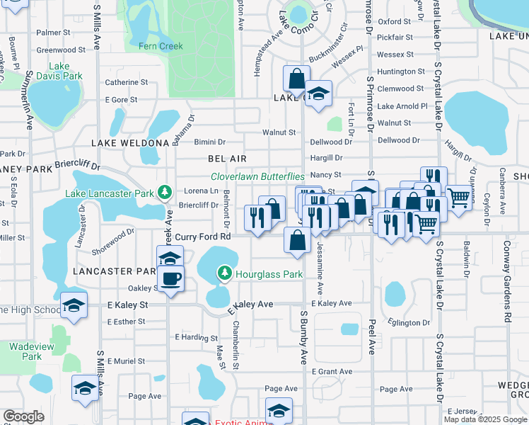 map of restaurants, bars, coffee shops, grocery stores, and more near 1404 Warwick Place in Orlando