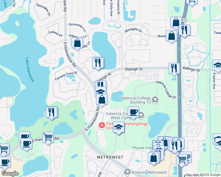 map of restaurants, bars, coffee shops, grocery stores, and more near 6360 Raleigh Street in Orlando
