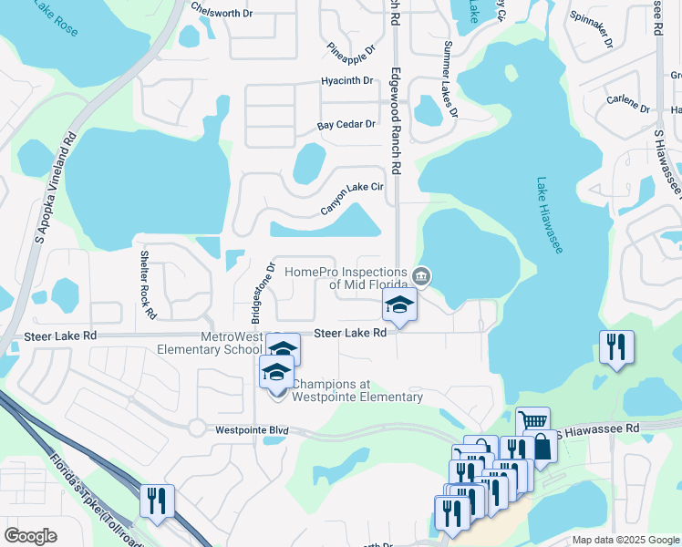 map of restaurants, bars, coffee shops, grocery stores, and more near 1314 Cornerstone Court in Orlando