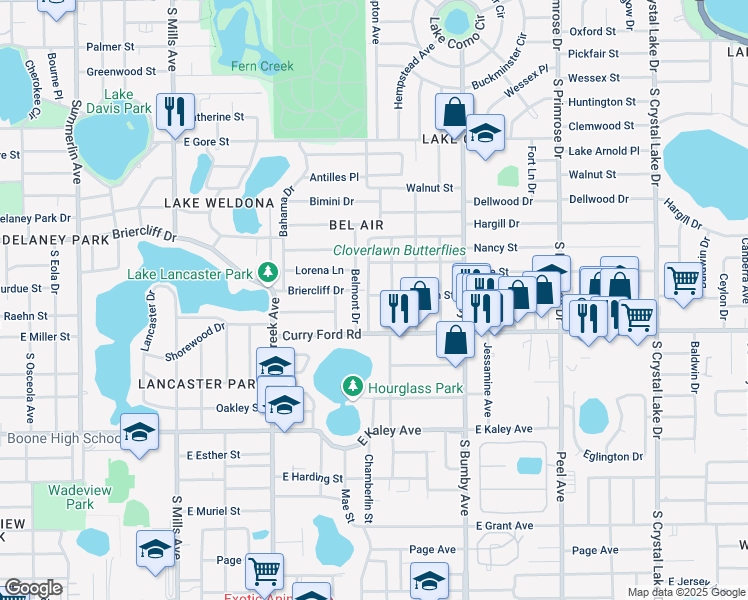 map of restaurants, bars, coffee shops, grocery stores, and more near 1401 Groveland Avenue in Orlando