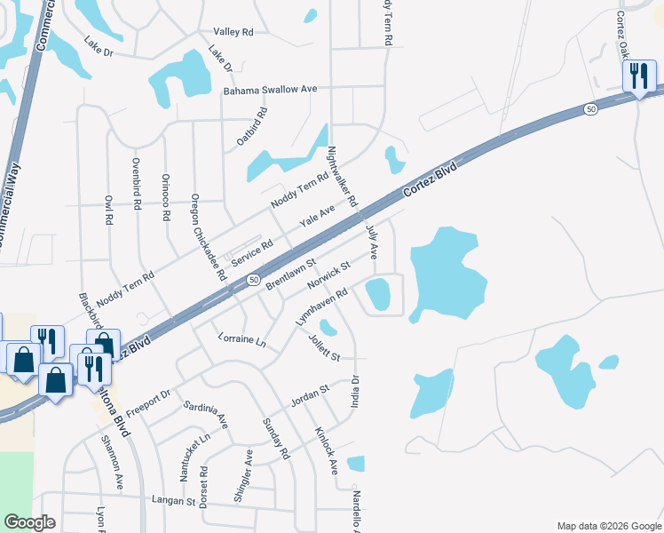 map of restaurants, bars, coffee shops, grocery stores, and more near 10255 Norwick Street in Spring Hill