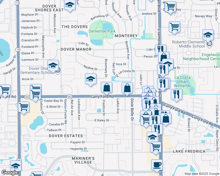 map of restaurants, bars, coffee shops, grocery stores, and more near 5317 Curry Ford Road in Orlando